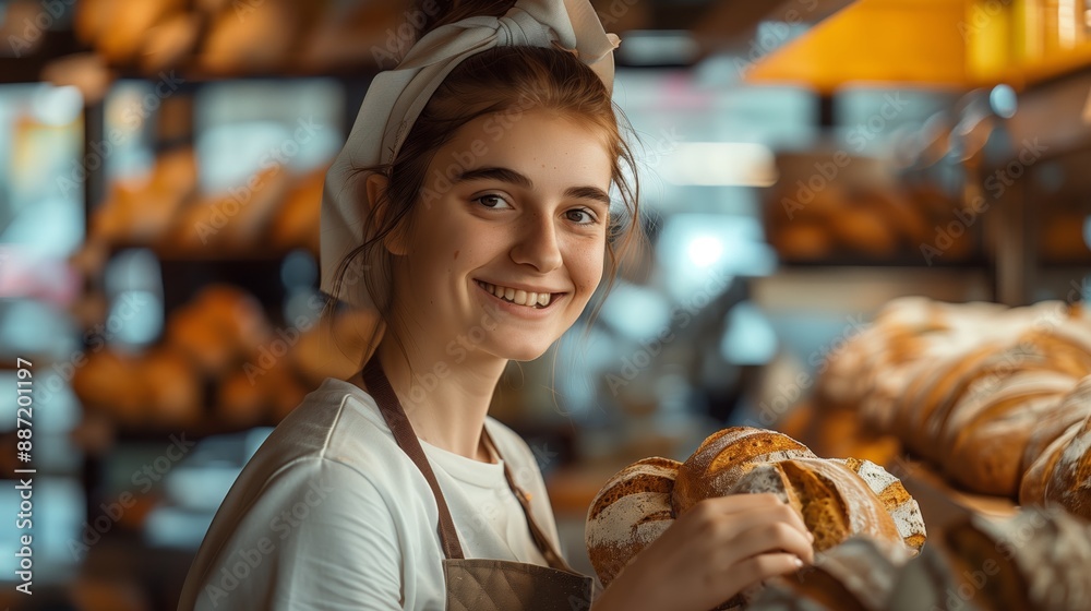 Sales lady with smile in bakery shop selling breads Sales lady with smile in bakery shop selling breads