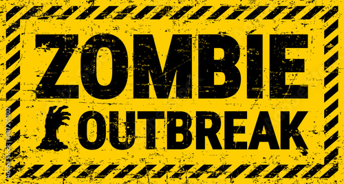 Zombie monster outbreak warning caution for Halloween apocalypse, vector sign. Halloween holiday horror night and trick or treat party grunge yellow poster with zombie hand for danger zone warning