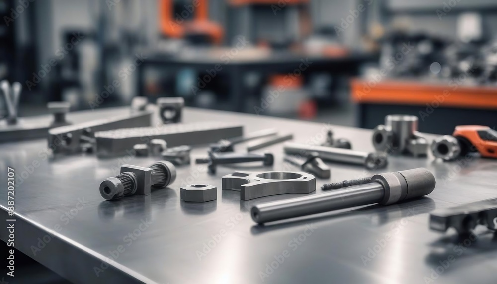 A metal blank tabletop with blurred automotive tools and parts in the background suitable for promoting automotive products with generative ai. A metal blank tabletop with blurred automotive tools and parts in the background suitable for promoting automotive products with generative ai.
