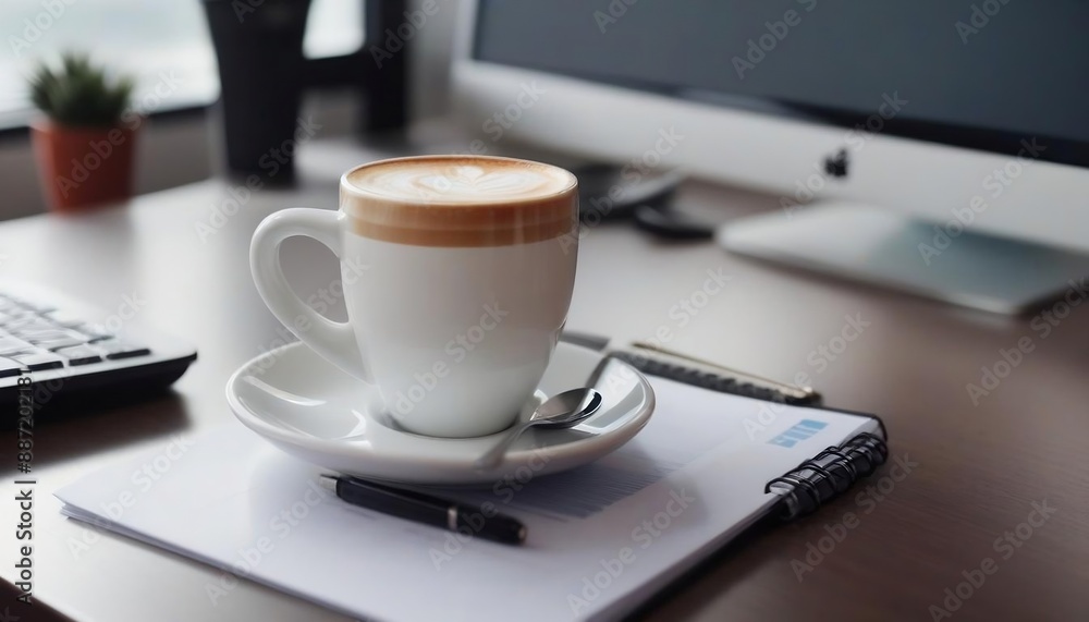 Closeup of coffee cup or mug drink, beverage placed on business office table desk next to the monitor screen display created with generative ai Closeup of coffee cup or mug drink, beverage placed on business office table desk next to the monitor screen display created with generative ai