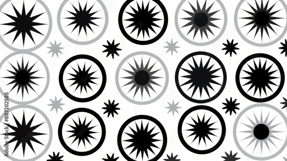 A pattern of black and grey starbursts on a white background A pattern of black and grey starbursts on a white background