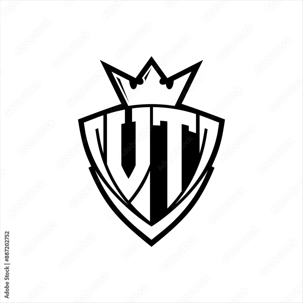 VT Letter logo with sharp triangle shield shape with crown inside white outline on white background template design VT Letter logo with sharp triangle shield shape with crown inside white outline on white background template design