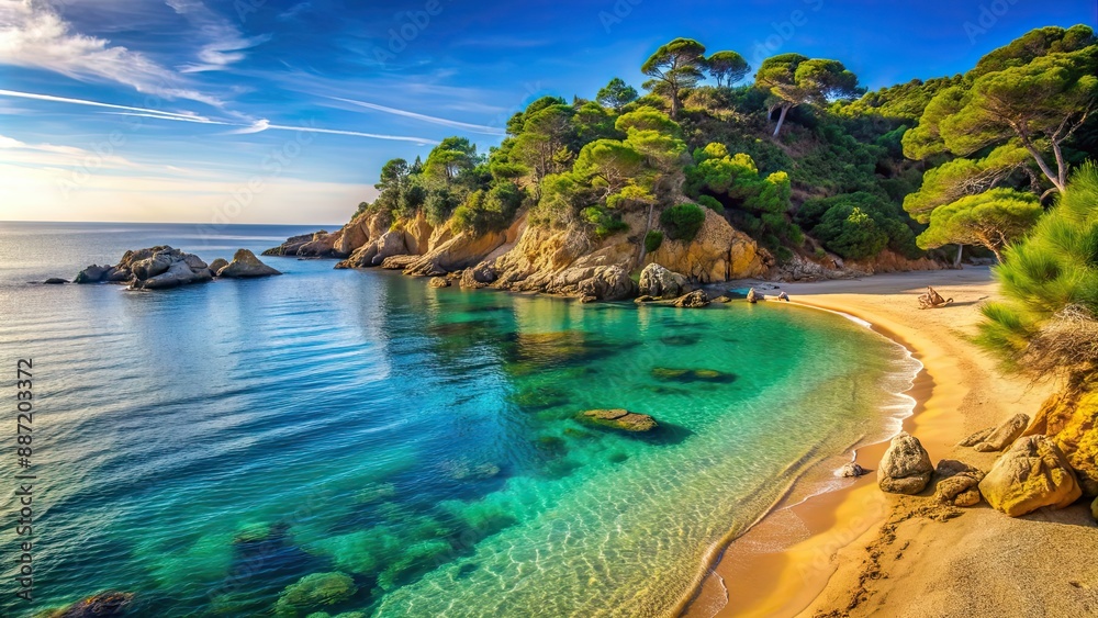 Beautiful coastal beach landscape with calm waters in a picturesque town in Costa Brava, Catalonia, beach Beautiful coastal beach landscape with calm waters in a picturesque town in Costa Brava, Catalonia, beach