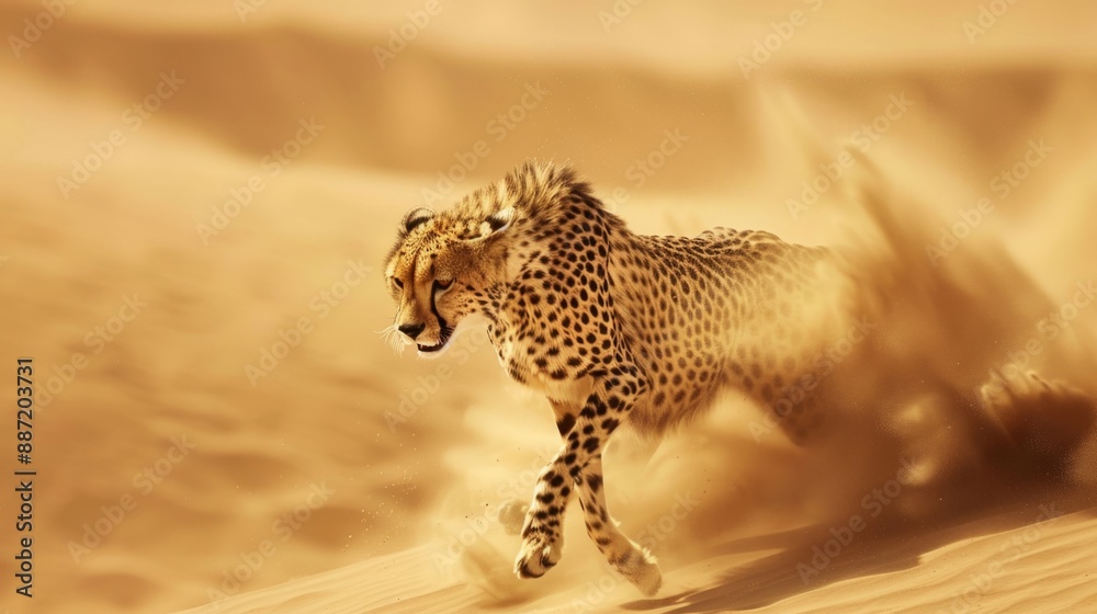 Obraz premium A cheetah runs through a sandy desert with its legs kicking up a cloud of dust