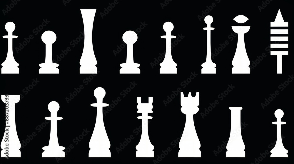 White chess pieces are arranged in two rows on a black background White chess pieces are arranged in two rows on a black background