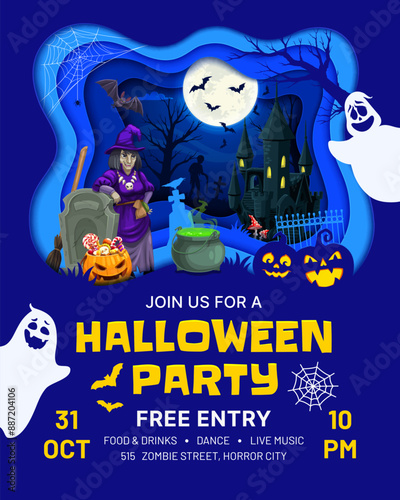 Halloween party paper cut flyer with holiday characters, ghosts and pumpkins, vector background. Halloween horror night and trick or treat party invitation with witch or zombie on cemetery in papercut
