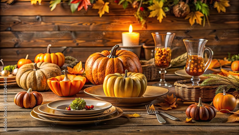 Rustic and traditional Thanksgiving table setting with wooden decor and autumn accents, thanksgiving, rustic, traditional, table Rustic and traditional Thanksgiving table setting with wooden decor and autumn accents, thanksgiving, rustic, traditional, table