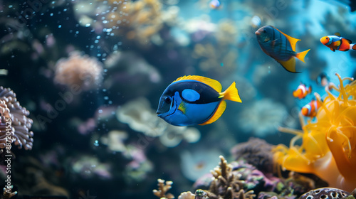 Royal blue tang with ​​tropical fish surrounded by coral reef and anemone in the deep sea underwater.