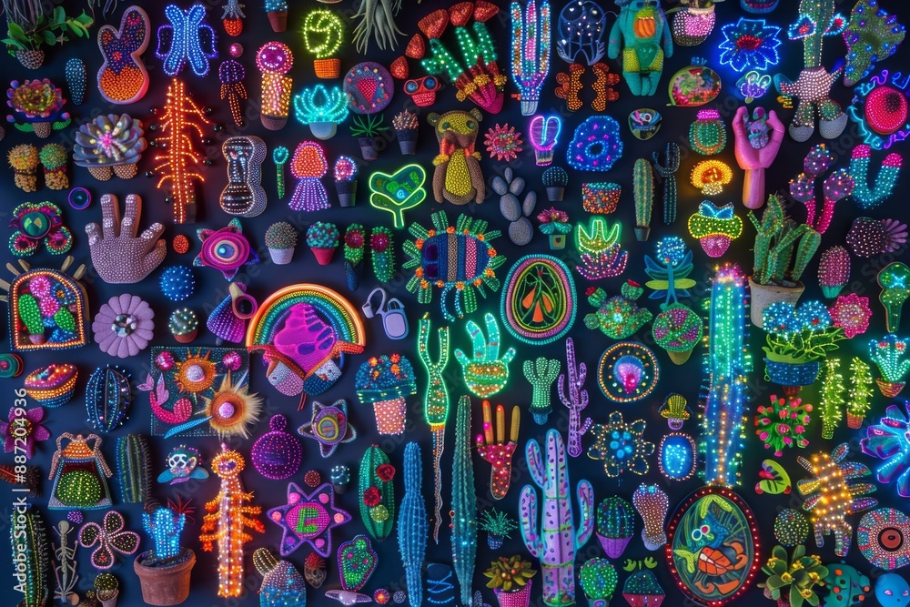 Fototapeta premium Glowing neon jellyfish with vibrant colors and psychedelic patterns in an underwater scene.