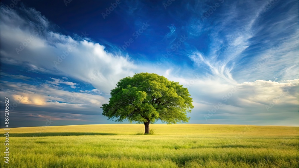 Fototapeta premium Lonely tree standing in a vast field, lonely, tree, isolated, nature, solitude, landscape, single, serene, alone