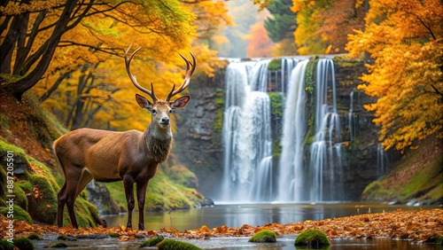 Fototapeta Naklejka Na Ścianę i Meble -  Amazing view of deer in autumn forest with waterfall in background, deer, autumn, forest, waterfall, nature, wildlife