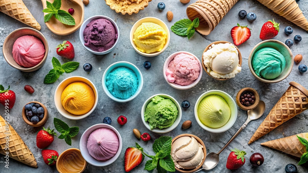 Top view of various colorful ice creams on a table, celebrating world ice cream day, ice cream, top view Top view of various colorful ice creams on a table, celebrating world ice cream day, ice cream, top view