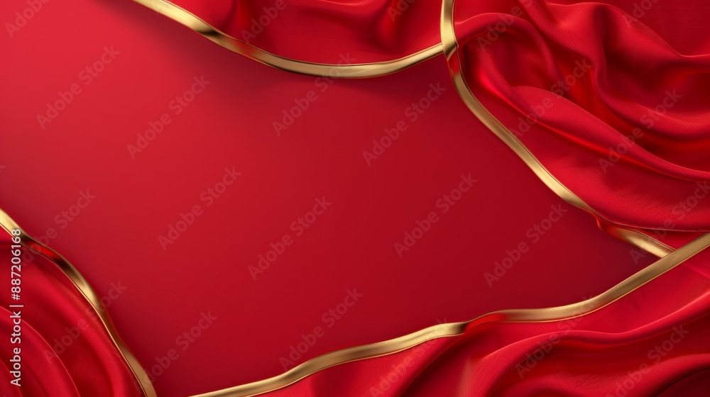Fototapeta premium Red fabric with a gold trim creates a frame around a red background, copy space