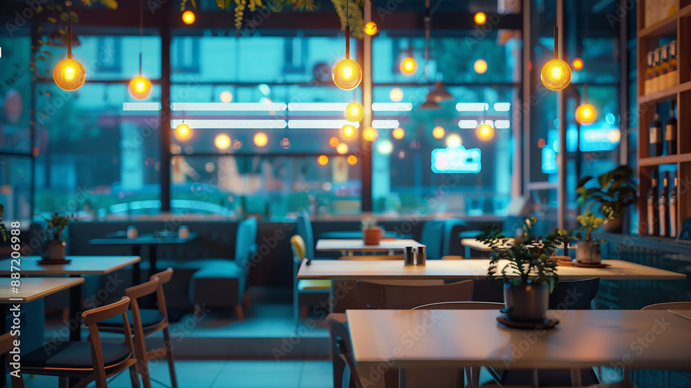 Fototapeta premium The Inviting and Stylish Café Room with Perfect Blend of Comfort, Ambiance, and Modern Design. Ideal for interior design blogs, social media promotions, and lifestyle magazines.