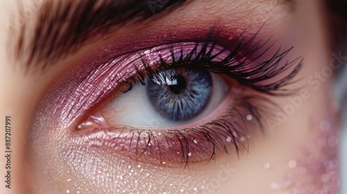 Close-up of a beautiful woman's eye with long eyelashes. Generate AI image