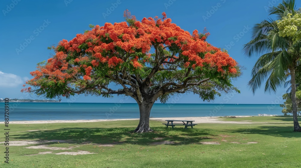 Fototapeta premium Vibrant Poinciana Tree by the Beach in Coastal Setting, Perfect for NatureThemed Posters, Prints, and Cards