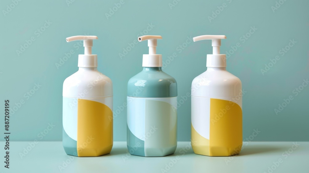 Three bottles of liquid soap with different colors and designs. Generate AI image Three bottles of liquid soap with different colors and designs. Generate AI image