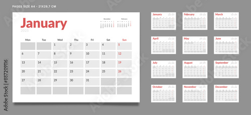 Set of 12 Pages Monthly Calendar Planner Templates on 2025 year. Vector mockup of a wall or desktop calendar with the week start on Monday for print. Pages size A4 -21x29.7cm