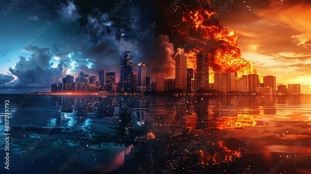 A cityscape with a fire burning in the background. Generate AI image A cityscape with a fire burning in the background. Generate AI image