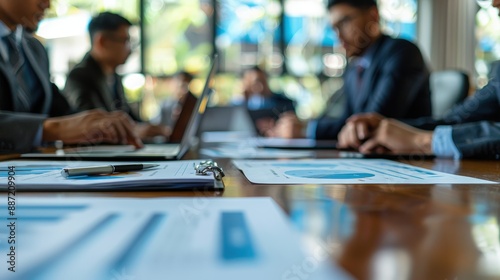 Business Meeting in Modern Office with Documents and Laptops on Wooden Table