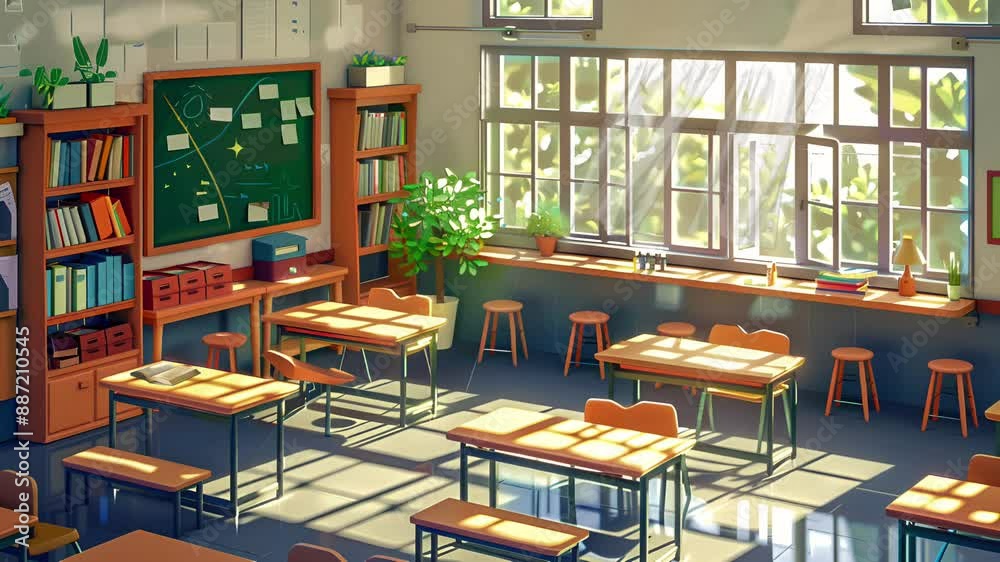 Empty school, fun elementary school children. with bright morning soft light. 4K virtual video motion.