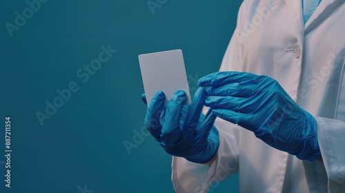 Doctor holding blue gloved hand with card reading Covid 19 Lambda Variant Concept of medical and COVID 19 lambda variant strain Blank space for writing