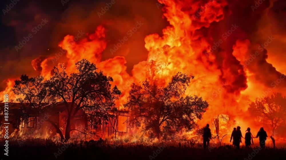 houses and trees burned by fire and people who want to put it out footage houses and trees burned by fire and people who want to put it out footage