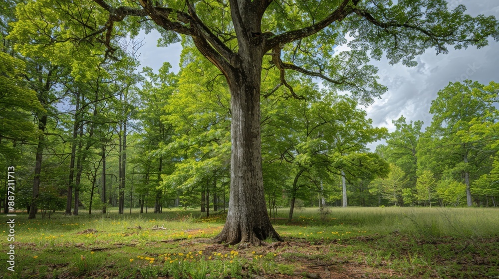 Majestic Tulip Poplar Tree in a Lush Green Forest with Wildflowers Underneath Majestic Tulip Poplar Tree in a Lush Green Forest with Wildflowers Underneath