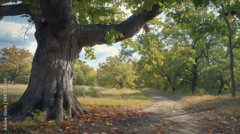 Fototapeta premium Majestic Chinkapin Oak Tree in Autumn Forest Pathway for Nature Landscape Design and Prints