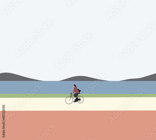 Woman cycling near lake landscape with mountain view. Summer active recreation in nature. Sport activity.