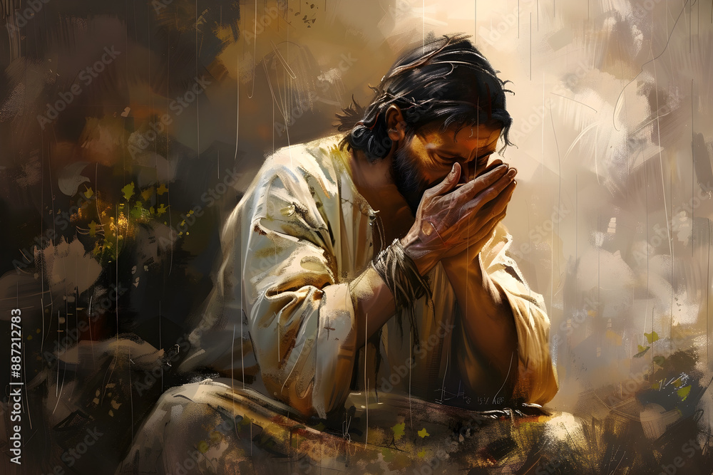 Fototapeta premium Digital illustration showing a man praying with emotion, perfect for religious content and spiritual themes. Beautiful use of light and earthy colors.