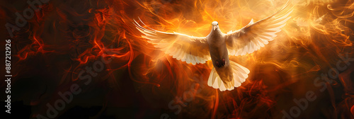 Winged dove in flames, symbolizing the Holy Spirit, perfect for religious content and spiritual themes, with dramatic lighting and vibrant colors. Copy space included.