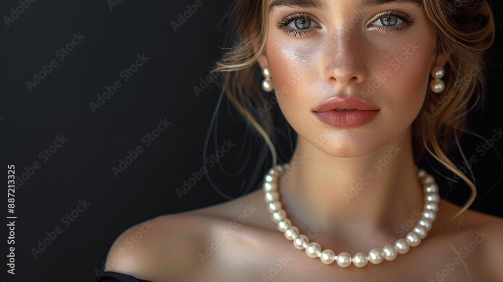 Close up portrait of a beautiful elegant young woman wearing an expensive pearl necklace, pearl earrings in a black evening dress. Close up portrait of a beautiful elegant young woman wearing an expensive pearl necklace, pearl earrings in a black evening dress.