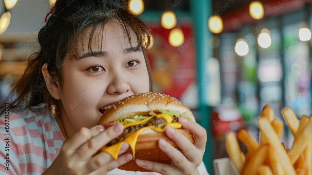 A woman is eating a hamburger with cheese and a bun A woman is eating a hamburger with cheese and a bun