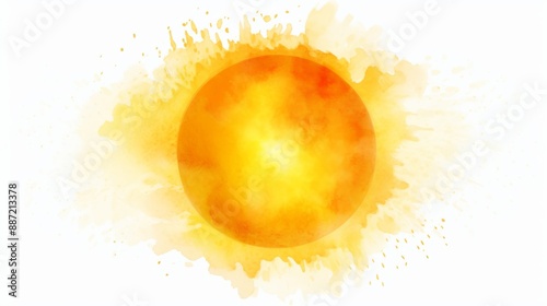 A watercolor painting of the sun, depicted as a bright yellow circle with orange hues, surrounded by a radiating yellow halo