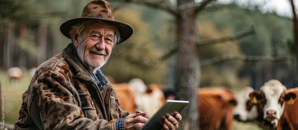 Fototapeta premium Elderly Farmer Using Tablet in Pasture with Cows, Embracing Modern Technology in Rural Farming