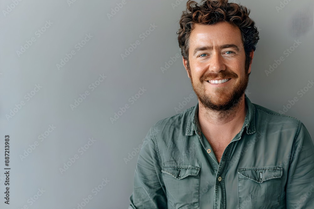 Smiling man with curly hair in a smart-casual green shirt against a neutral backdrop, conveying confidence and approachability. Ample copy space on left side. Smiling man with curly hair in a smart-casual green shirt against a neutral backdrop, conveying confidence and approachability. Ample copy space on left side.