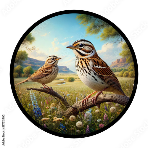 A circular 3D rendered watercolor painting of a male and female Lark Sparrow, perched on a tree branch, isolated on a transparent background
