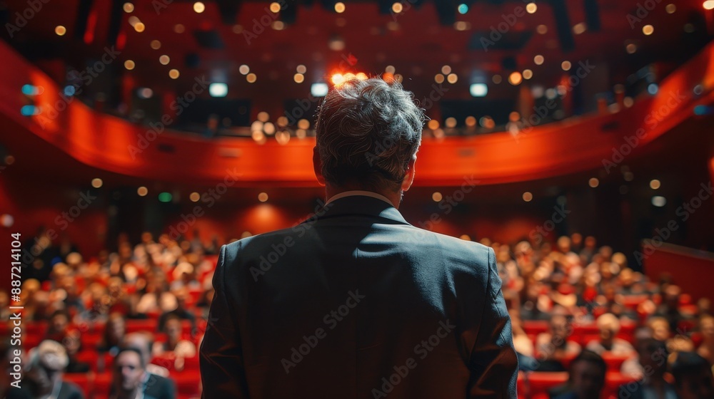 Speaker Addressing Audience in Modern Auditorium with Red Interior and Bright Lighting Speaker Addressing Audience in Modern Auditorium with Red Interior and Bright Lighting
