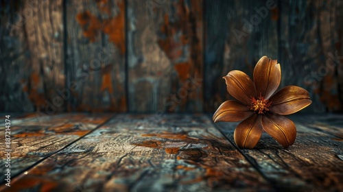 Wooden flower on old rugged backdrop with empty area photo