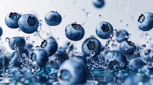 Fresh blueberries splashing in water, creating a vibrant and refreshing scene.