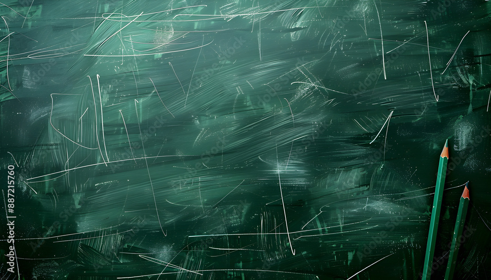 Green chalkboard with chalk marks and scratches, evoking a back-to-school concept. Includes copy space, ideal for educational materials, presentations, and marketing. Green chalkboard with chalk marks and scratches, evoking a back-to-school concept. Includes copy space, ideal for educational materials, presentations, and marketing.