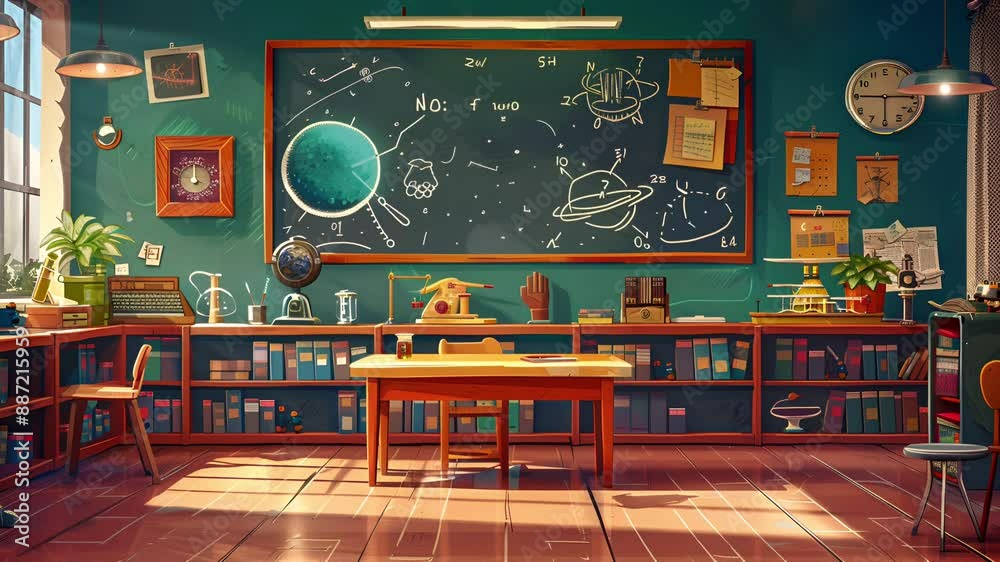 Empty school, fun elementary school children. with learning materials about outer space. 4K virtual video motion.