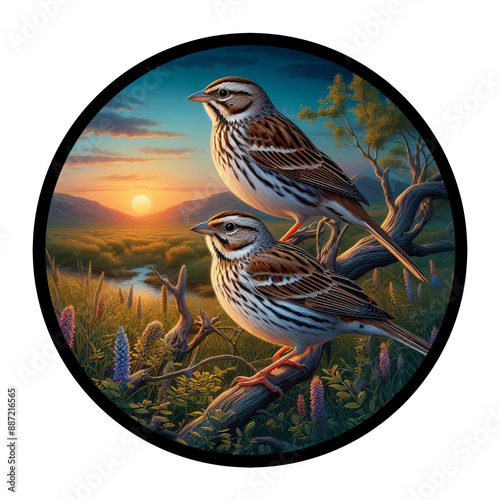 A circular 3D rendered watercolor painting of a male and female Lark Sparrow, perched on a tree branch, isolated on a transparent background
 photo