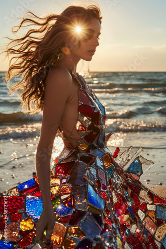 Beautiful young woman in a gown made of stained glass at the beach