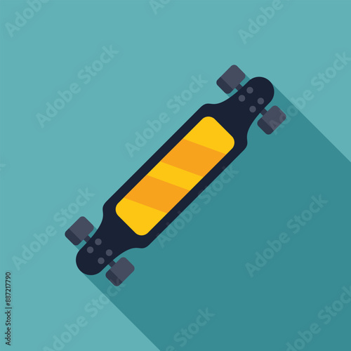 Longboard skateboard lying diagonally casting a long shadow on a turquoise background