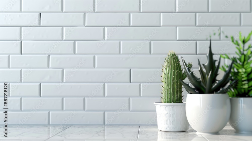 Cactus on white table with white brick wallpaper and space for text Cactus on white table with white brick wallpaper and space for text