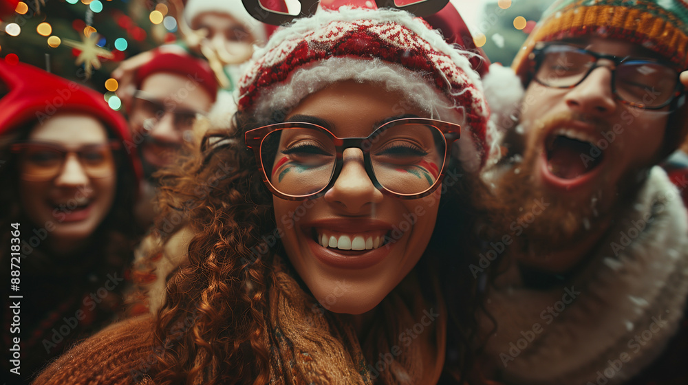 young woman in a christmas hat and glasses with fun friends on christmas eve at a shopping market