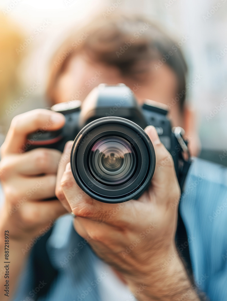 Reporter photographing an event for a newspaper article, onsite reporting, capturing the story Reporter photographing an event for a newspaper article, onsite reporting, capturing the story