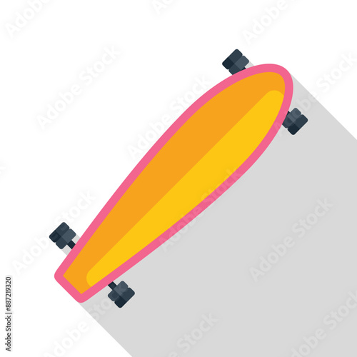 Longboard skateboard with pink trim and black wheels standing on a grey background with shadow